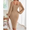 MEROKEETY Women’s Long Sleeve Wedding Guest Formal Dress Fall Winter Ruched Bodycon Mesh Cocktail Party Midi Dresses(Apricot)