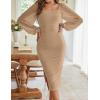 MEROKEETY Women’s Long Sleeve Wedding Guest Formal Dress Fall Winter Ruched Bodycon Mesh Cocktail Party Midi Dresses(Apricot)