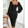 MEROKEETY Women’s Long Sleeve Wedding Guest Formal Dress Fall Winter Ruched Bodycon Mesh Cocktail Party Midi Dresses(Black)