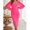 MEROKEETY Women’s Long Sleeve Wedding Guest Formal Dress Fall Winter Ruched Bodycon Mesh Cocktail Party Midi Dresses(Fluo Pink)
