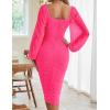 MEROKEETY Women’s Long Sleeve Wedding Guest Formal Dress Fall Winter Ruched Bodycon Mesh Cocktail Party Midi Dresses(Fluo Pink)