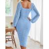 MEROKEETY Women’s Long Sleeve Wedding Guest Formal Dress Fall Winter Ruched Bodycon Mesh Cocktail Party Midi Dresses(Light Blue)