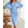 MEROKEETY Women’s Long Sleeve Wedding Guest Formal Dress Fall Winter Ruched Bodycon Mesh Cocktail Party Midi Dresses(Light Blue)