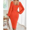 MEROKEETY Women’s Long Sleeve Wedding Guest Formal Dress Fall Winter Ruched Bodycon Mesh Cocktail Party Midi Dresses(Orange)