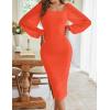 MEROKEETY Women’s Long Sleeve Wedding Guest Formal Dress Fall Winter Ruched Bodycon Mesh Cocktail Party Midi Dresses(Orange)