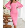 MEROKEETY Women’s Long Sleeve Wedding Guest Formal Dress Fall Winter Ruched Bodycon Mesh Cocktail Party Midi Dresses(Pink)