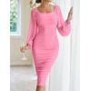 MEROKEETY Women’s Long Sleeve Wedding Guest Formal Dress Fall Winter Ruched Bodycon Mesh Cocktail Party Midi Dresses(Pink)