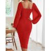 MEROKEETY Women’s Long Sleeve Wedding Guest Formal Dress Fall Winter Ruched Bodycon Mesh Cocktail Party Midi Dresses(Red)