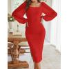 MEROKEETY Women’s Long Sleeve Wedding Guest Formal Dress Fall Winter Ruched Bodycon Mesh Cocktail Party Midi Dresses(Red)
