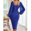MEROKEETY Women’s Long Sleeve Wedding Guest Formal Dress Fall Winter Ruched Bodycon Mesh Cocktail Party Midi Dresses(Royal)