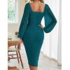 MEROKEETY Women’s Long Sleeve Wedding Guest Formal Dress Fall Winter Ruched Bodycon Mesh Cocktail Party Midi Dresses(Teal)