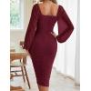 MEROKEETY Women’s Long Sleeve Wedding Guest Formal Dress Fall Winter Ruched Bodycon Mesh Cocktail Party Midi Dresses(Wine Red)