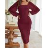 MEROKEETY Women’s Long Sleeve Wedding Guest Formal Dress Fall Winter Ruched Bodycon Mesh Cocktail Party Midi Dresses(Wine Red)