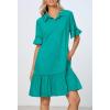 MEROKEETY Women’s Summer Button Down Shirt Dress Casual Ruffle Sleeve Shift Mini Dresses with Pockets(Lake Green)