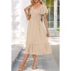 MEROKEETY Women’s Summer Casual V Neck Ruffle Sleeve Smocked High Waist Midi Dress with Pockets(Almond)