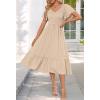 MEROKEETY Women’s Summer Casual V Neck Ruffle Sleeve Smocked High Waist Midi Dress with Pockets(Almond)