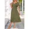 MEROKEETY Women’s Summer Casual V Neck Ruffle Sleeve Smocked High Waist Midi Dress with Pockets(Armygreen)