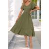 MEROKEETY Women’s Summer Casual V Neck Ruffle Sleeve Smocked High Waist Midi Dress with Pockets(Armygreen)