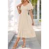MEROKEETY Women’s Summer Casual V Neck Ruffle Sleeve Smocked High Waist Midi Dress with Pockets(Beige)