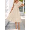 MEROKEETY Women’s Summer Casual V Neck Ruffle Sleeve Smocked High Waist Midi Dress with Pockets(Beige)