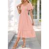 MEROKEETY Women’s Summer Casual V Neck Ruffle Sleeve Smocked High Waist Midi Dress with Pockets(Darkpink)