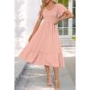 MEROKEETY Women’s Summer Casual V Neck Ruffle Sleeve Smocked High Waist Midi Dress with Pockets(Darkpink)