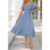 MEROKEETY Women’s Summer Casual V Neck Ruffle Sleeve Smocked High Waist Midi Dress with Pockets(Lightblue)