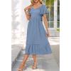 MEROKEETY Women’s Summer Casual V Neck Ruffle Sleeve Smocked High Waist Midi Dress with Pockets(Lightblue)
