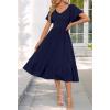 MEROKEETY Women’s Summer Casual V Neck Ruffle Sleeve Smocked High Waist Midi Dress with Pockets(Navy)