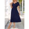 MEROKEETY Women’s Summer Casual V Neck Ruffle Sleeve Smocked High Waist Midi Dress with Pockets(Navy)