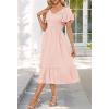 MEROKEETY Women’s Summer Casual V Neck Ruffle Sleeve Smocked High Waist Midi Dress with Pockets(Pink)
