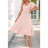MEROKEETY Women’s Summer Casual V Neck Ruffle Sleeve Smocked High Waist Midi Dress with Pockets(Pink)