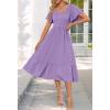 MEROKEETY Women’s Summer Casual V Neck Ruffle Sleeve Smocked High Waist Midi Dress with Pockets(Purple)
