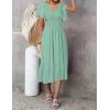 MEROKEETY Women’s Summer Casual V Neck Ruffle Sleeve Smocked High Waist Midi Dress with Pockets(Sage)