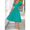 MEROKEETY Women’s Summer Casual V Neck Ruffle Sleeve Smocked High Waist Midi Dress with Pockets(Turquoise)