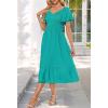 MEROKEETY Women’s Summer Casual V Neck Ruffle Sleeve Smocked High Waist Midi Dress with Pockets(Turquoise)