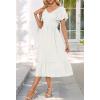 MEROKEETY Women’s Summer Casual V Neck Ruffle Sleeve Smocked High Waist Midi Dress with Pockets(White)