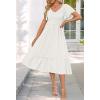 MEROKEETY Women’s Summer Casual V Neck Ruffle Sleeve Smocked High Waist Midi Dress with Pockets(White)