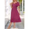 MEROKEETY Women’s Summer Casual V Neck Ruffle Sleeve Smocked High Waist Midi Dress with Pockets(Wine)