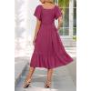 MEROKEETY Women’s Summer Casual V Neck Ruffle Sleeve Smocked High Waist Midi Dress with Pockets(Wine)