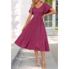 MEROKEETY Women’s Summer Casual V Neck Ruffle Sleeve Smocked High Waist Midi Dress with Pockets(Wine)