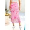 MEROKEETY Women’s Summer Floral Mesh Midi Skirt 2026 Casual Trendy High Waist Ruched Boho Skirts(Pink)