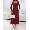 MEROKEETY Women’s Sweater Dress 2025 Fall Winter Casual Long Sleeve Square Neck Pleated Church Work Knit Midi Dresses(Burgundy)