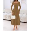 MEROKEETY Women’s Sweater Dress 2025 Fall Winter Casual Long Sleeve Square Neck Pleated Church Work Knit Midi Dresses(Camel)