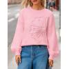 MEROKEETY Women’s Winter Floral Sweater Crew Neck Lantern Sleeve 2025 Fall Trendy Warm Chunky Oversized Pullover Tops(Pink)