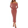MEROKEETY Women’s Winter Off Shoulder Bodycon Sweater Dress 2026 Spring Formal Long Sleeve Elegant Club Party Midi Dresses(Brick)