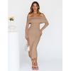 MEROKEETY Women’s Winter Off Shoulder Bodycon Sweater Dress 2026 Spring Formal Long Sleeve Elegant Club Party Midi Dresses(Khaki)