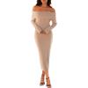MEROKEETY Women’s Winter Off Shoulder Bodycon Sweater Dress 2026 Spring Formal Long Sleeve Elegant Club Party Midi Dresses(Khaki)