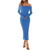 MEROKEETY Women’s Winter Off Shoulder Bodycon Sweater Dress 2026 Spring Formal Long Sleeve Elegant Club Party Midi Dresses(Lakeblue)