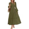 MEROKEETY Winter Spring Midi Dresses for Women 2026 Casual Vacation Long Sleeve V Neck Tiered Cotton Maxi Dress Pockets(Armygreen)